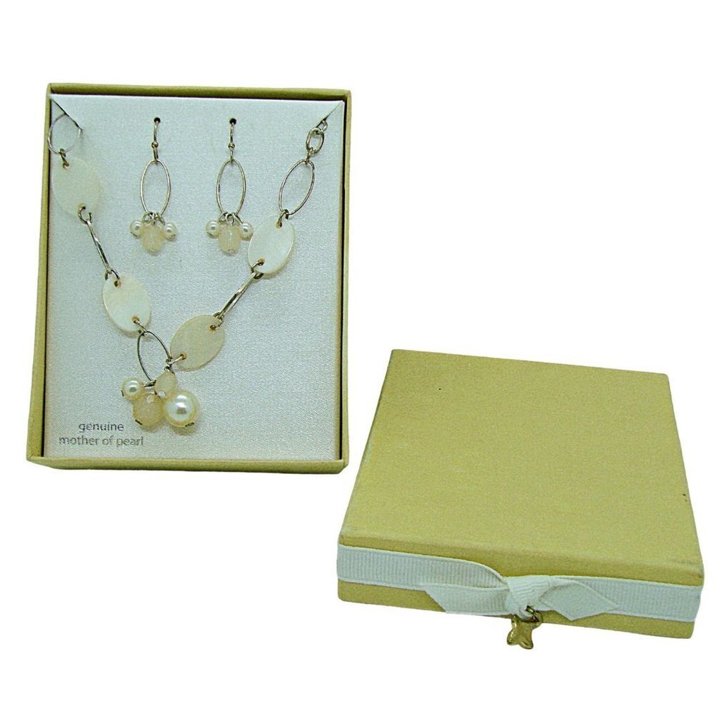 NEW Genuine Mother Of Pearl Earring & Necklace 2 Piece Set with Box Gold Tone